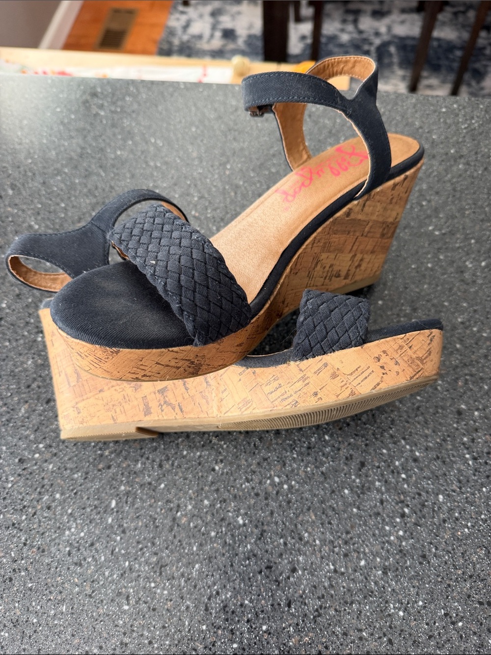 Wedge Sandals with Cork Platform - Navy